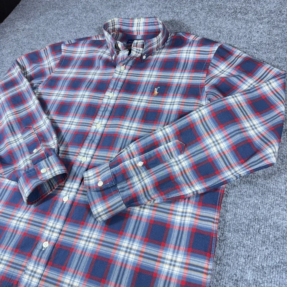 Polo Ralph Lauren Mens Plaid Button Down Shirt Red White Blue Cotton Large